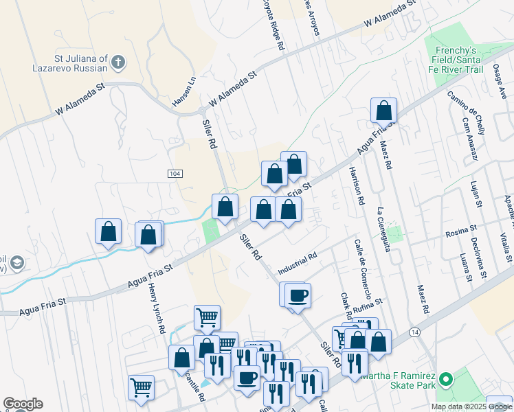 map of restaurants, bars, coffee shops, grocery stores, and more near 2845 Agua Fria Street in Santa Fe