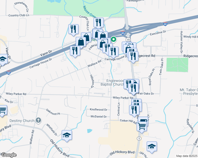 map of restaurants, bars, coffee shops, grocery stores, and more near 25 Brianfield Drive in Jackson