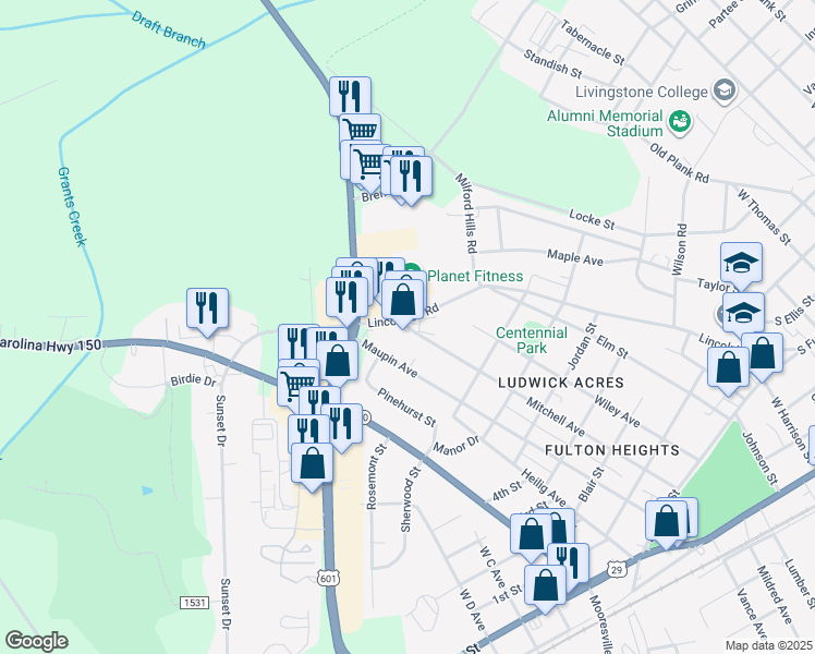 map of restaurants, bars, coffee shops, grocery stores, and more near 821 Mitchell Avenue in Salisbury