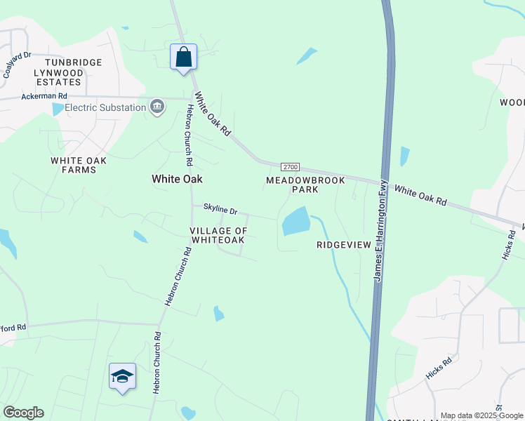map of restaurants, bars, coffee shops, grocery stores, and more near 2505 Skyline Drive in Garner