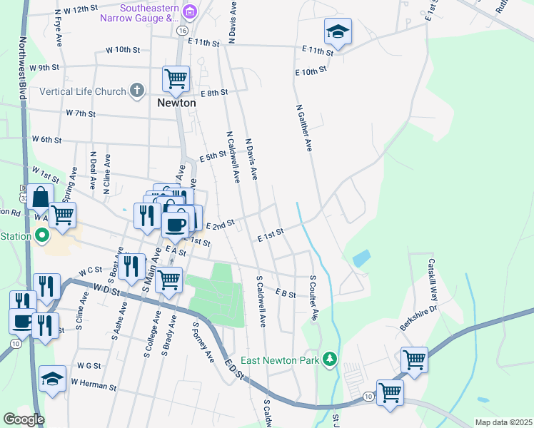 map of restaurants, bars, coffee shops, grocery stores, and more near 505 East 2nd Street in Newton