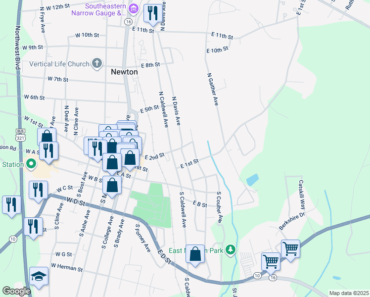 map of restaurants, bars, coffee shops, grocery stores, and more near 505 East 2nd Street in Newton