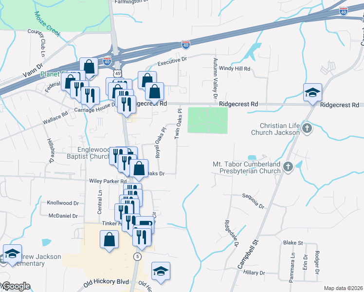 map of restaurants, bars, coffee shops, grocery stores, and more near 42 Twin Oaks Pl in Jackson