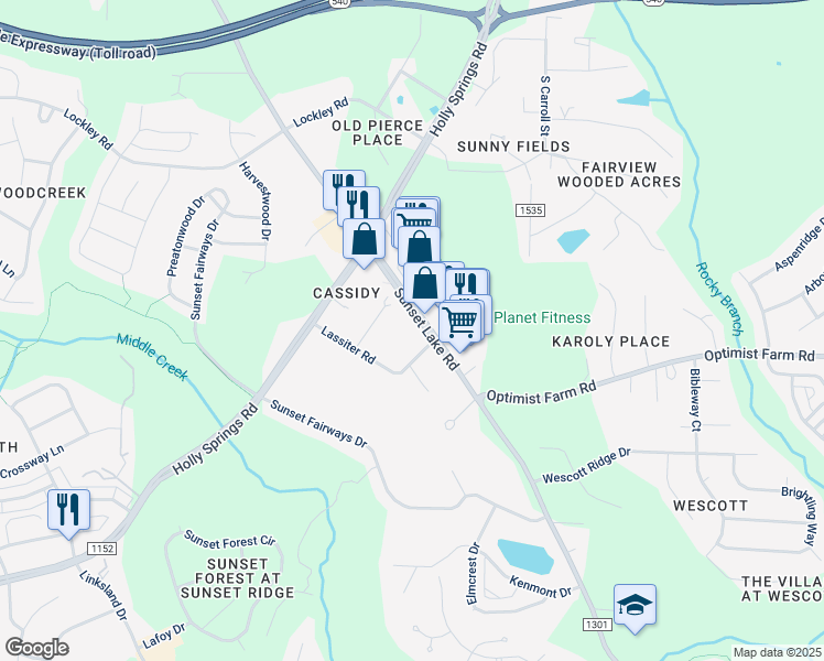 map of restaurants, bars, coffee shops, grocery stores, and more near 5256 Sunset Lake Road in Holly Springs