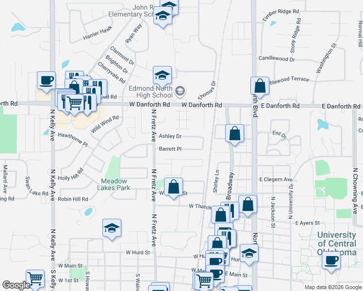 map of restaurants, bars, coffee shops, grocery stores, and more near 206 Barrett Place in Edmond