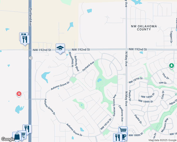 map of restaurants, bars, coffee shops, grocery stores, and more near 3217 Northwest 188th Terrace in Edmond