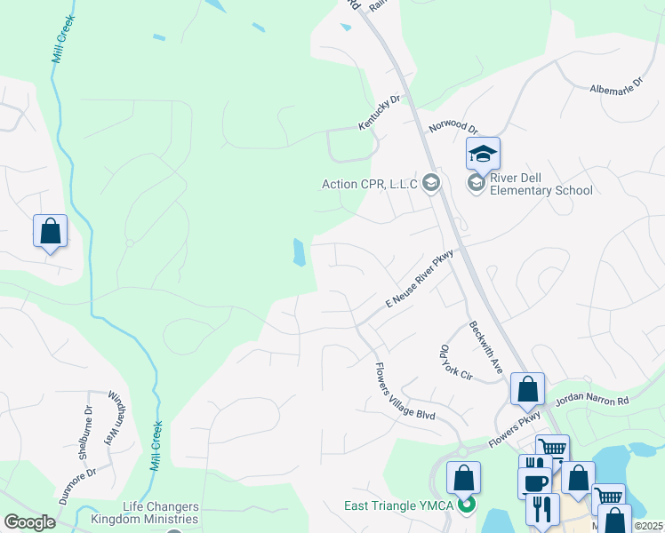 map of restaurants, bars, coffee shops, grocery stores, and more near Thimbleberry Circle in Clayton