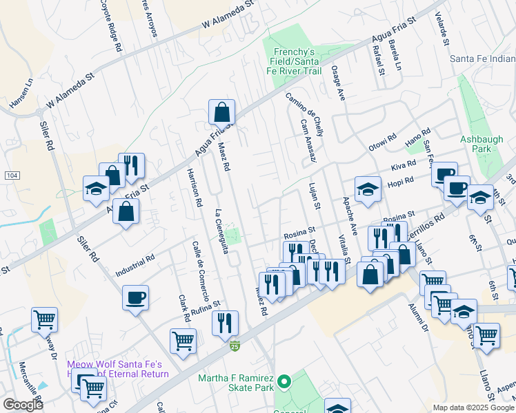map of restaurants, bars, coffee shops, grocery stores, and more near 1230 Gallegos Lane in Santa Fe