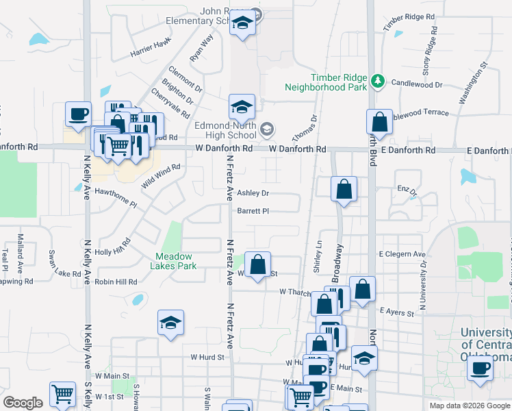map of restaurants, bars, coffee shops, grocery stores, and more near 206 Barrett Place in Edmond