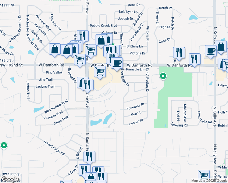 map of restaurants, bars, coffee shops, grocery stores, and more near 1949 Bradford Way in Edmond