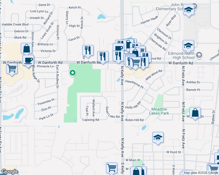 map of restaurants, bars, coffee shops, grocery stores, and more near 1019 Swan Lake Court in Edmond