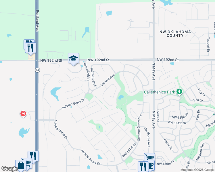 map of restaurants, bars, coffee shops, grocery stores, and more near 3212 Northwest 188th Terrace in Edmond