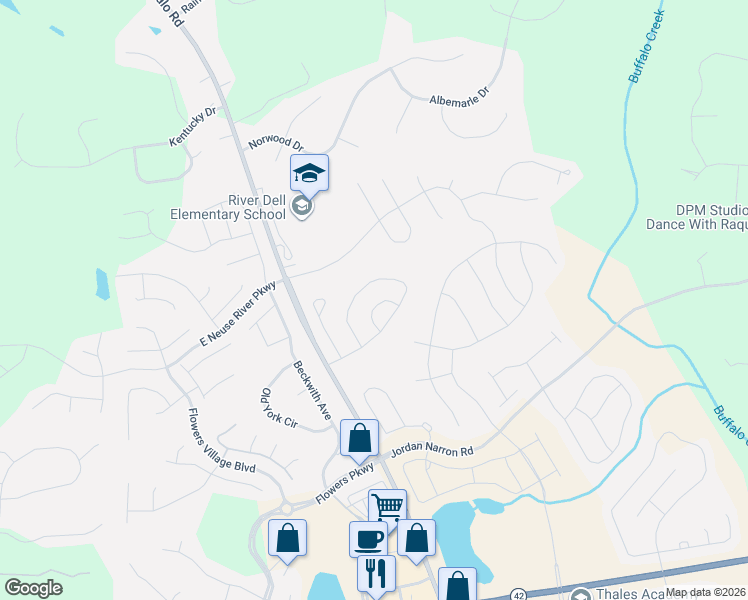 map of restaurants, bars, coffee shops, grocery stores, and more near 59 Blue Spruce Cir in Clayton