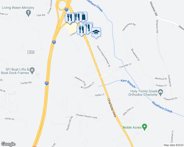 map of restaurants, bars, coffee shops, grocery stores, and more near 119 Shady Creek Lane in Troutman