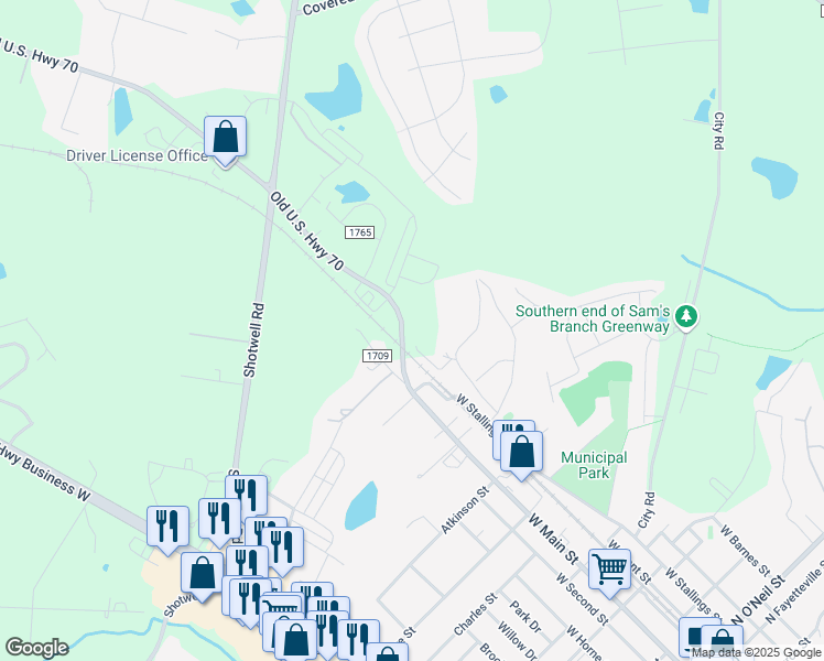 map of restaurants, bars, coffee shops, grocery stores, and more near 1300 Old U.S. Highway 70 in Clayton
