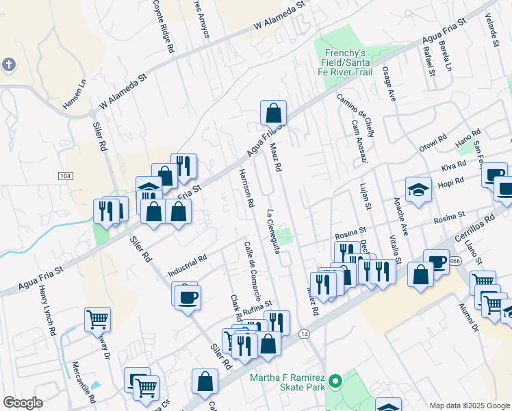 map of restaurants, bars, coffee shops, grocery stores, and more near 1133 Paseo Corazon in Santa Fe