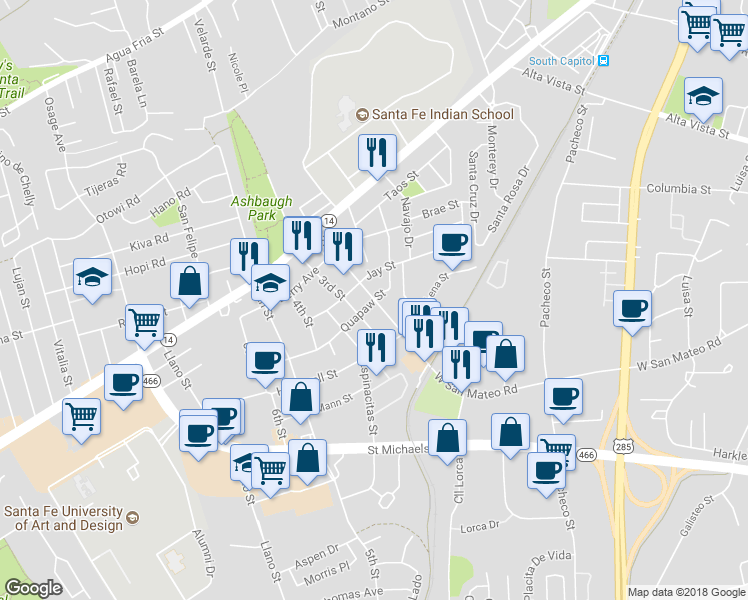map of restaurants, bars, coffee shops, grocery stores, and more near 2nd Street in Santa Fe