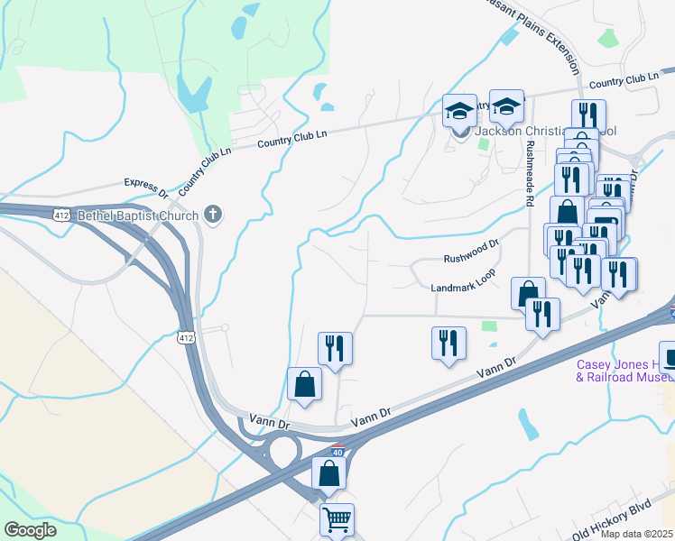 map of restaurants, bars, coffee shops, grocery stores, and more near 38 Emerson Drive in Jackson