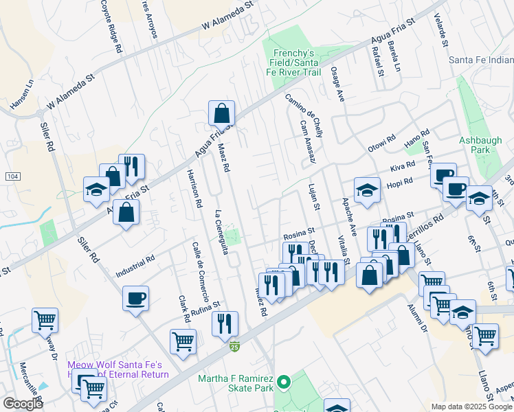 map of restaurants, bars, coffee shops, grocery stores, and more near 1245 Gallegos Lane in Santa Fe
