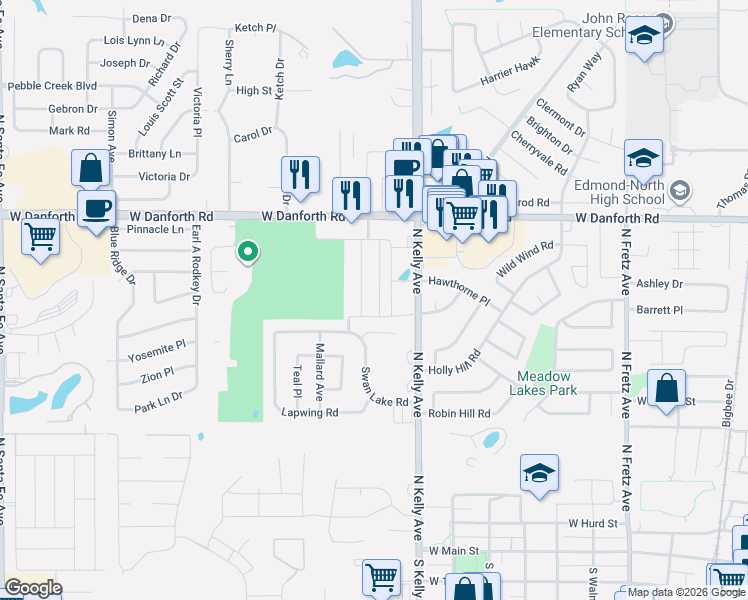 map of restaurants, bars, coffee shops, grocery stores, and more near 1019 Swan Lake Court in Edmond