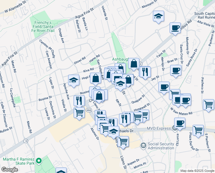 map of restaurants, bars, coffee shops, grocery stores, and more near 1862 Cerrillos Road in Santa Fe