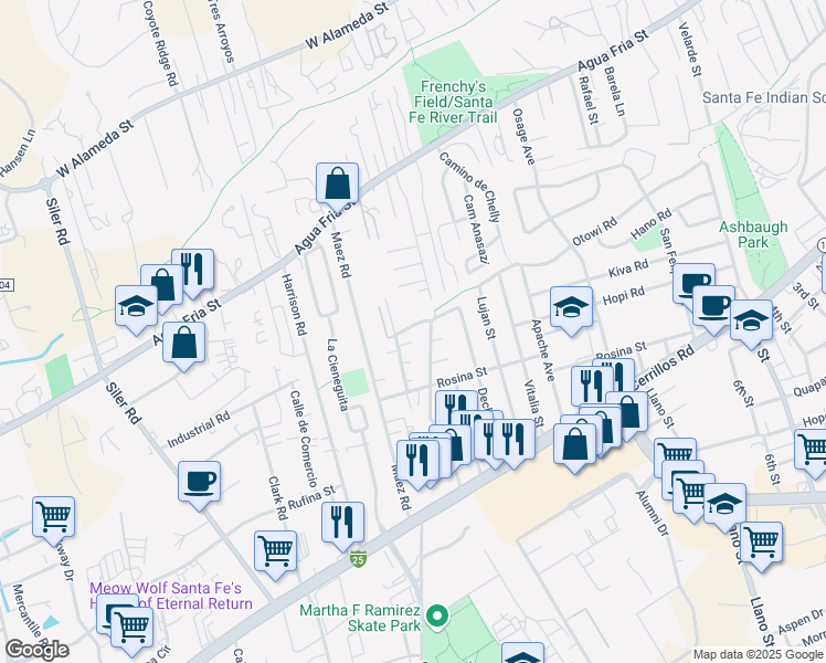 map of restaurants, bars, coffee shops, grocery stores, and more near 1233 Gallegos Lane in Santa Fe