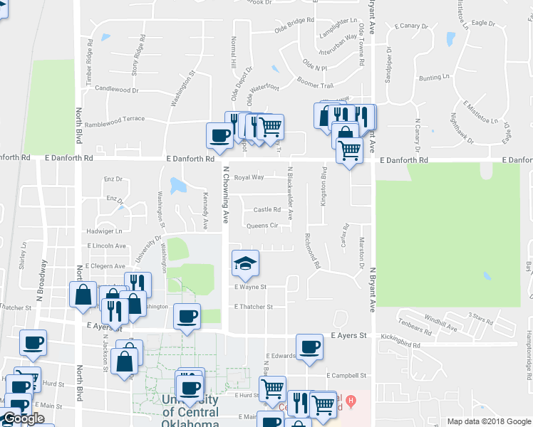 map of restaurants, bars, coffee shops, grocery stores, and more near 926 Castle Road in Edmond