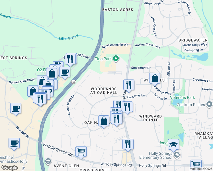 map of restaurants, bars, coffee shops, grocery stores, and more near 728 Bonhurst Drive in Holly Springs