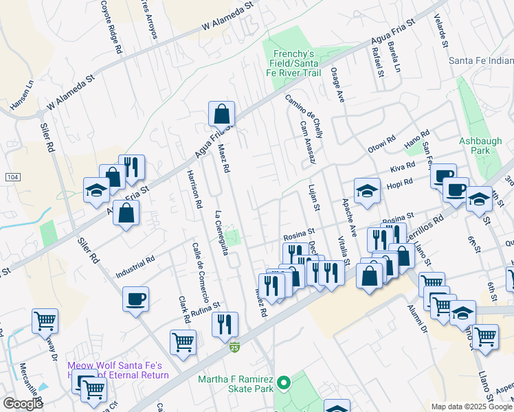 map of restaurants, bars, coffee shops, grocery stores, and more near 1241 Gallegos Lane in Santa Fe