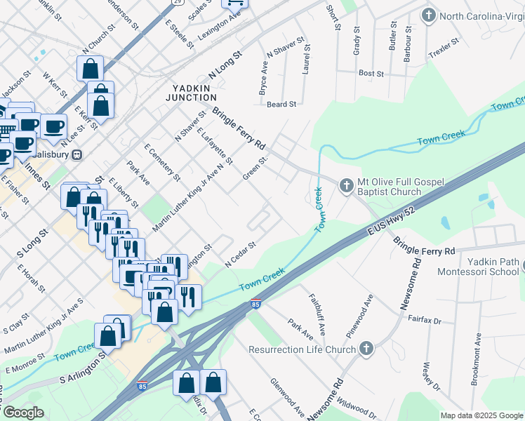 map of restaurants, bars, coffee shops, grocery stores, and more near Lafayette Circle in Salisbury