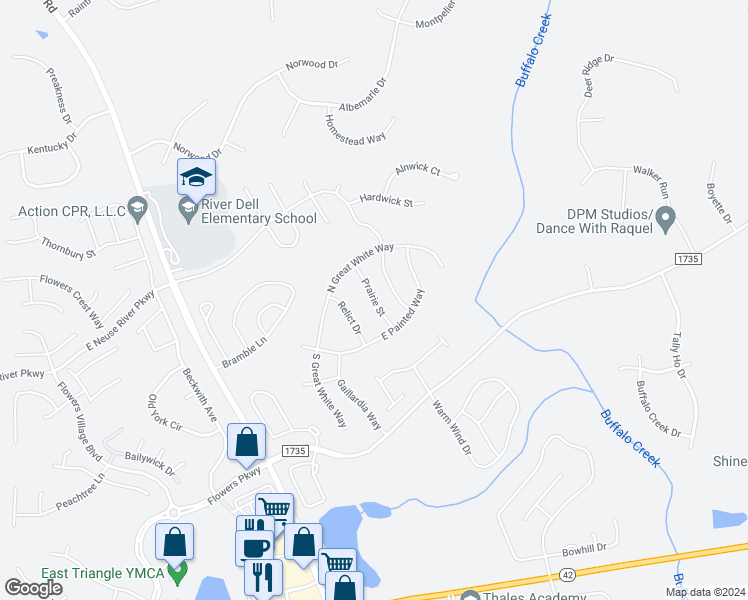 map of restaurants, bars, coffee shops, grocery stores, and more near Prairie Street in Johnston County