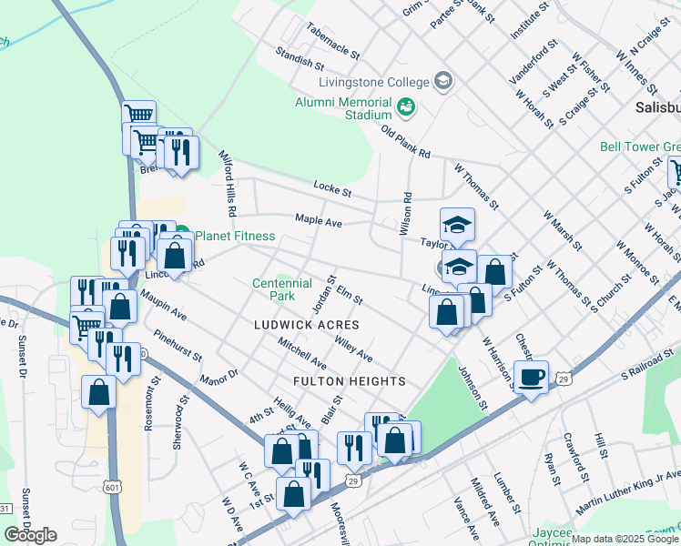 map of restaurants, bars, coffee shops, grocery stores, and more near 819 Lincolnton Road in Salisbury