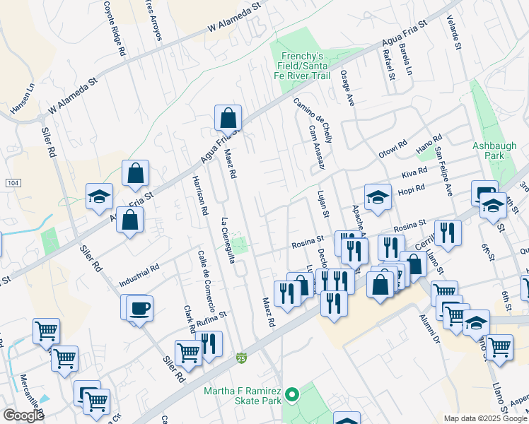 map of restaurants, bars, coffee shops, grocery stores, and more near 1237 Gallegos Lane in Santa Fe