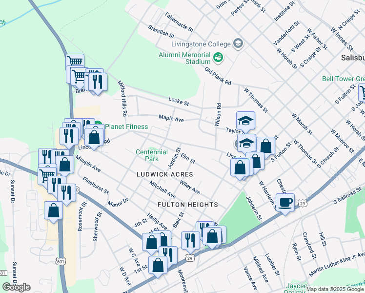 map of restaurants, bars, coffee shops, grocery stores, and more near 819 Lincolnton Road in Salisbury