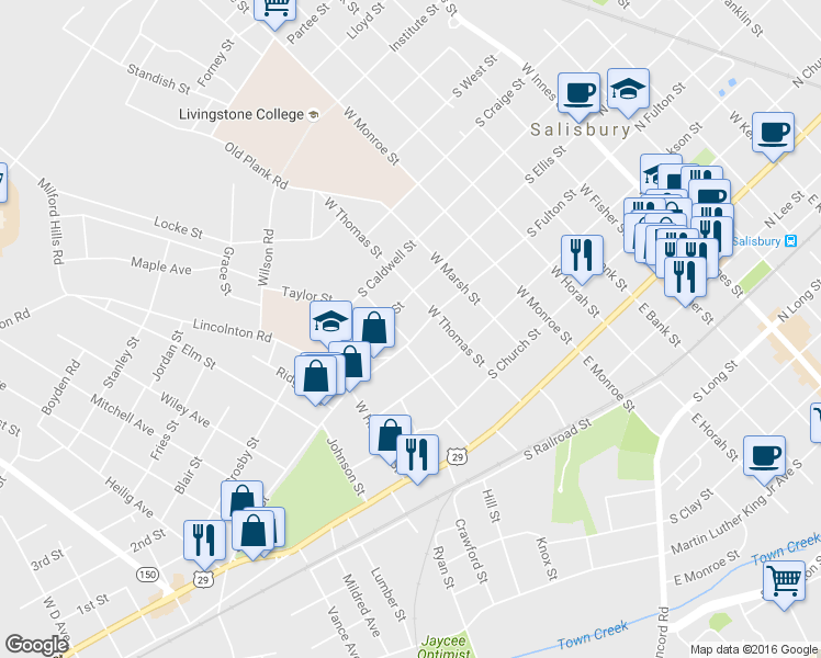 map of restaurants, bars, coffee shops, grocery stores, and more near 722 South Fulton Street in Salisbury