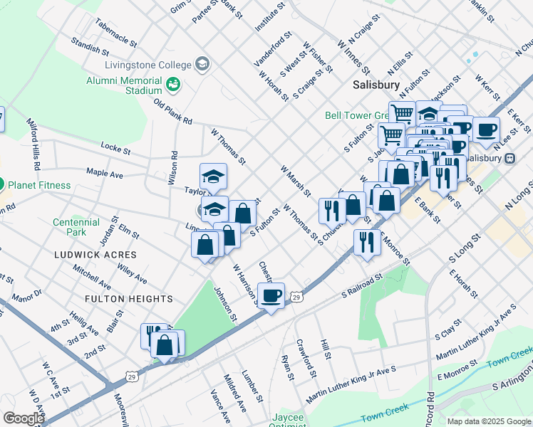 map of restaurants, bars, coffee shops, grocery stores, and more near 722 South Fulton Street in Salisbury