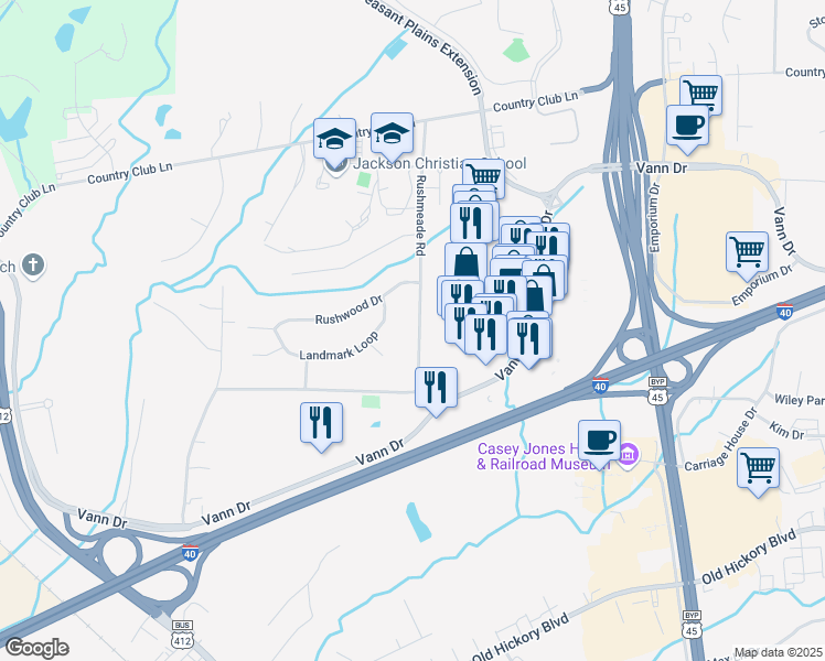 map of restaurants, bars, coffee shops, grocery stores, and more near 749 Rushmeade Road in Jackson
