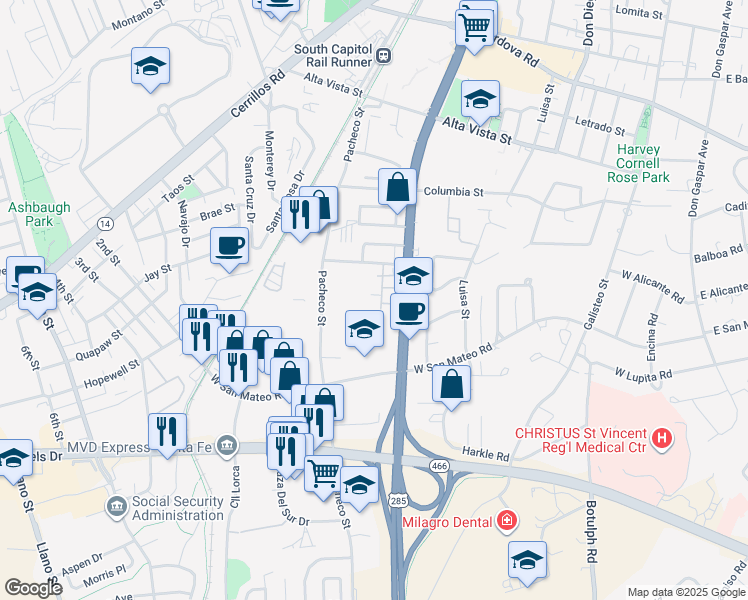 map of restaurants, bars, coffee shops, grocery stores, and more near 1512 South Saint Francis Drive in Santa Fe