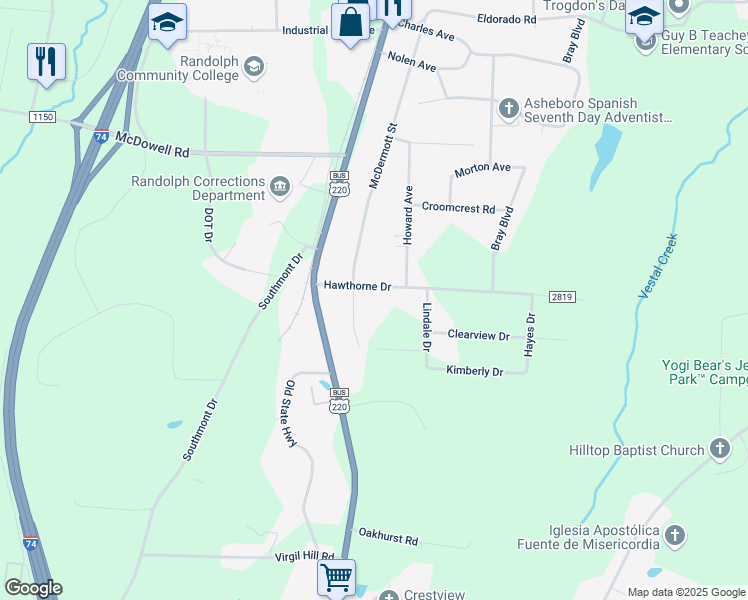 map of restaurants, bars, coffee shops, grocery stores, and more near 943 McDermott Street in Asheboro