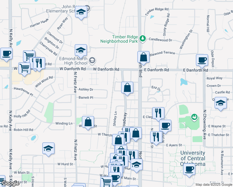 map of restaurants, bars, coffee shops, grocery stores, and more near 26 West Colcord Avenue in Edmond
