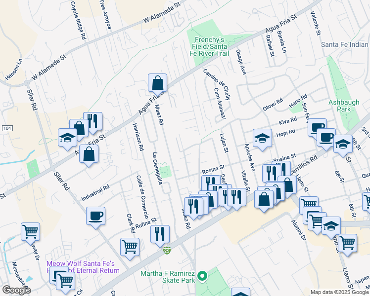 map of restaurants, bars, coffee shops, grocery stores, and more near 1237 Gallegos Lane in Santa Fe