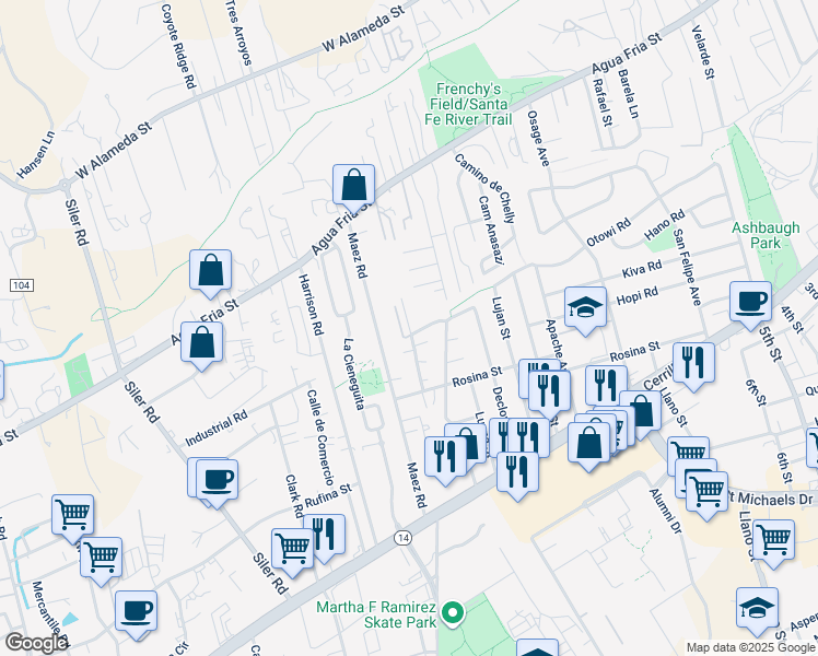map of restaurants, bars, coffee shops, grocery stores, and more near 1231 Gallegos Lane in Santa Fe