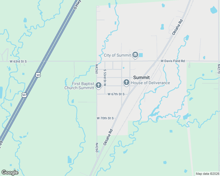 map of restaurants, bars, coffee shops, grocery stores, and more near 5201 West 66th Street South in Muskogee