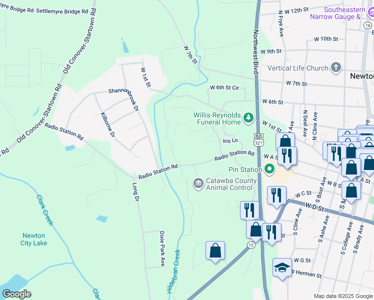map of restaurants, bars, coffee shops, grocery stores, and more near 1088 Radio Station Road in Newton