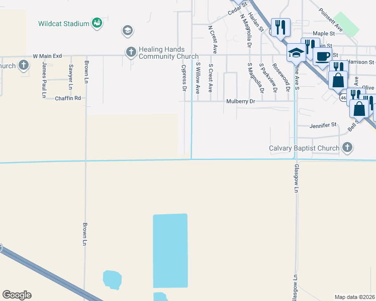 map of restaurants, bars, coffee shops, grocery stores, and more near 261 Cypress Drive in Trumann