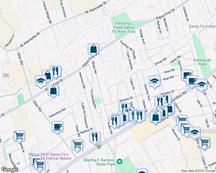 map of restaurants, bars, coffee shops, grocery stores, and more near 1229 Gallegos Lane in Santa Fe