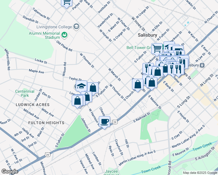 map of restaurants, bars, coffee shops, grocery stores, and more near 707 South Fulton Street in Salisbury