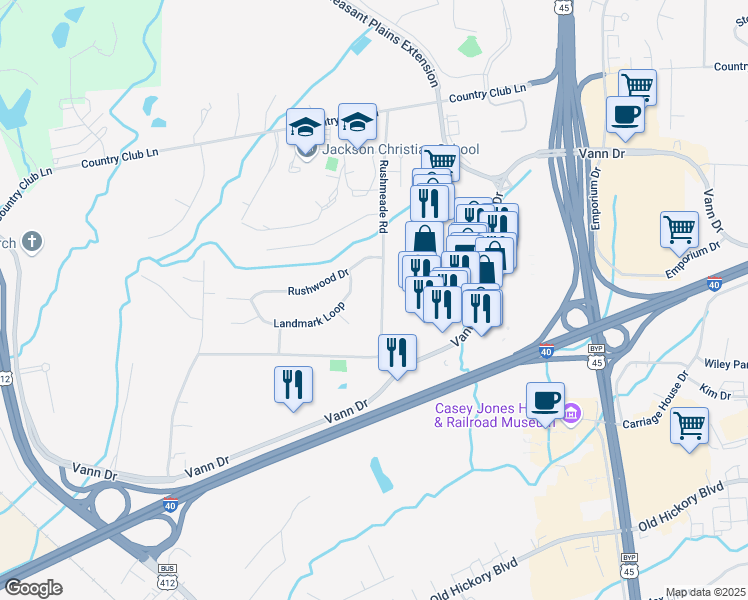 map of restaurants, bars, coffee shops, grocery stores, and more near 1209 Vann Drive in Jackson