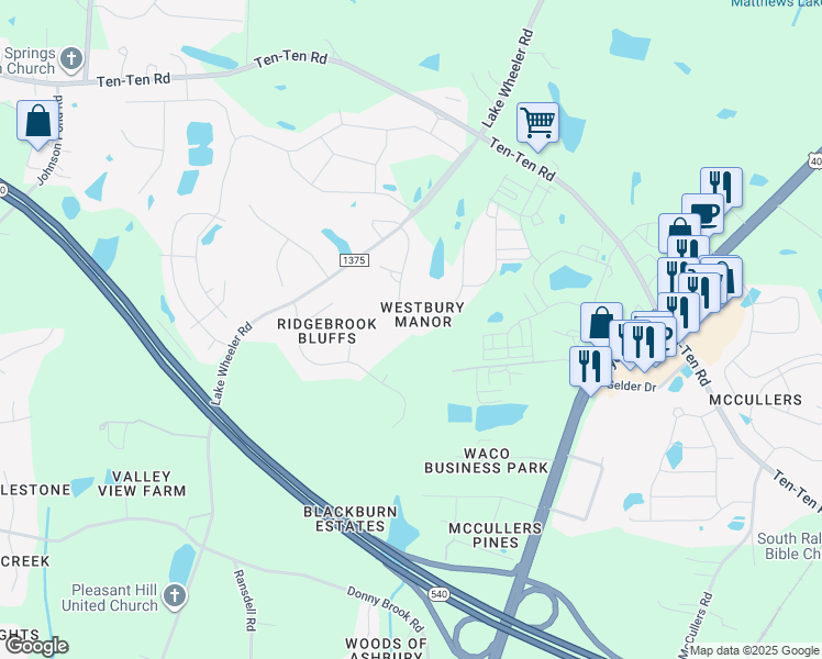 map of restaurants, bars, coffee shops, grocery stores, and more near 3744 Westbury Lake Drive in Raleigh