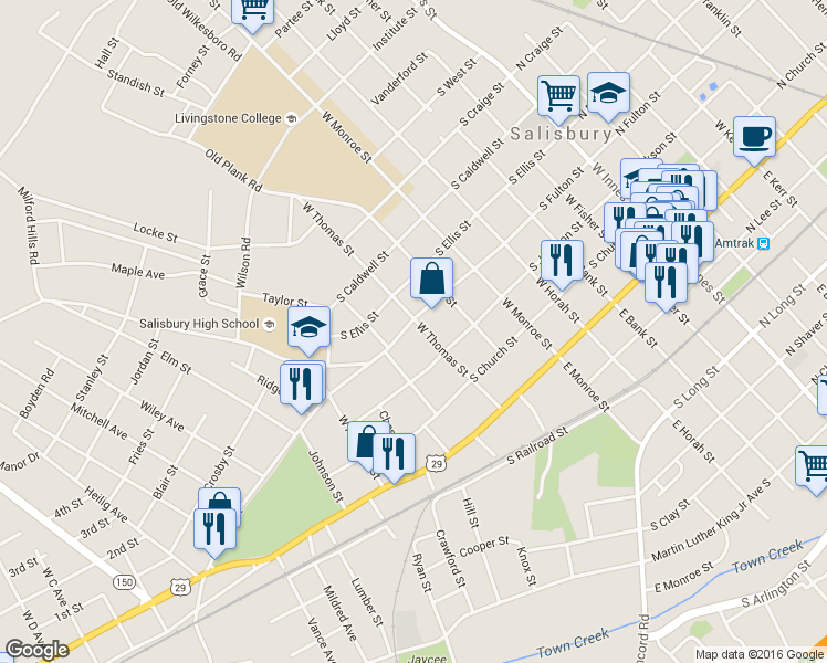 map of restaurants, bars, coffee shops, grocery stores, and more near 707 South Fulton Street in Salisbury